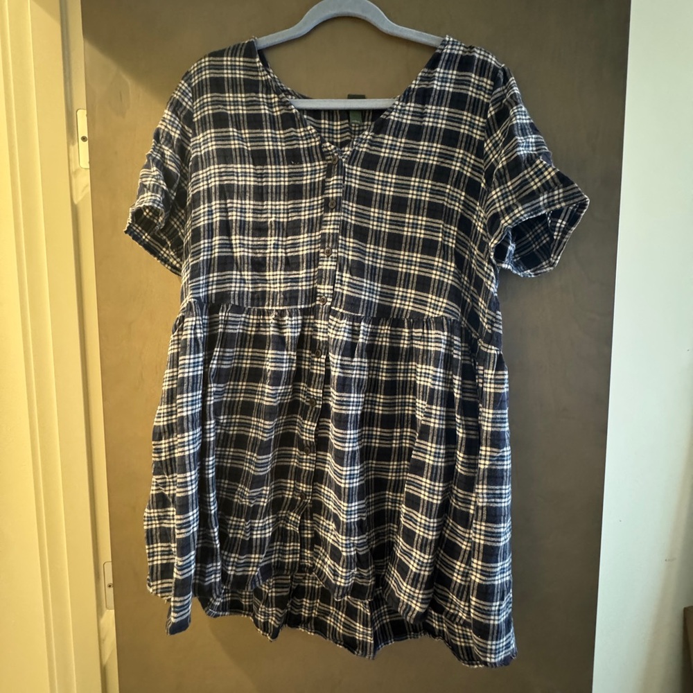 Blue Plaid Short Sleeve Flannel Dress